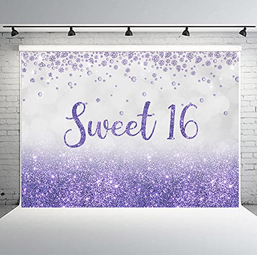 PHMOJEN Sweet 16 Backdrop, Girl Birthday Purple Bokeh Twinkle Diamond, Dessert Table Banner Background Decoration Studio Photography Props 7x5ft BJLSPH1180