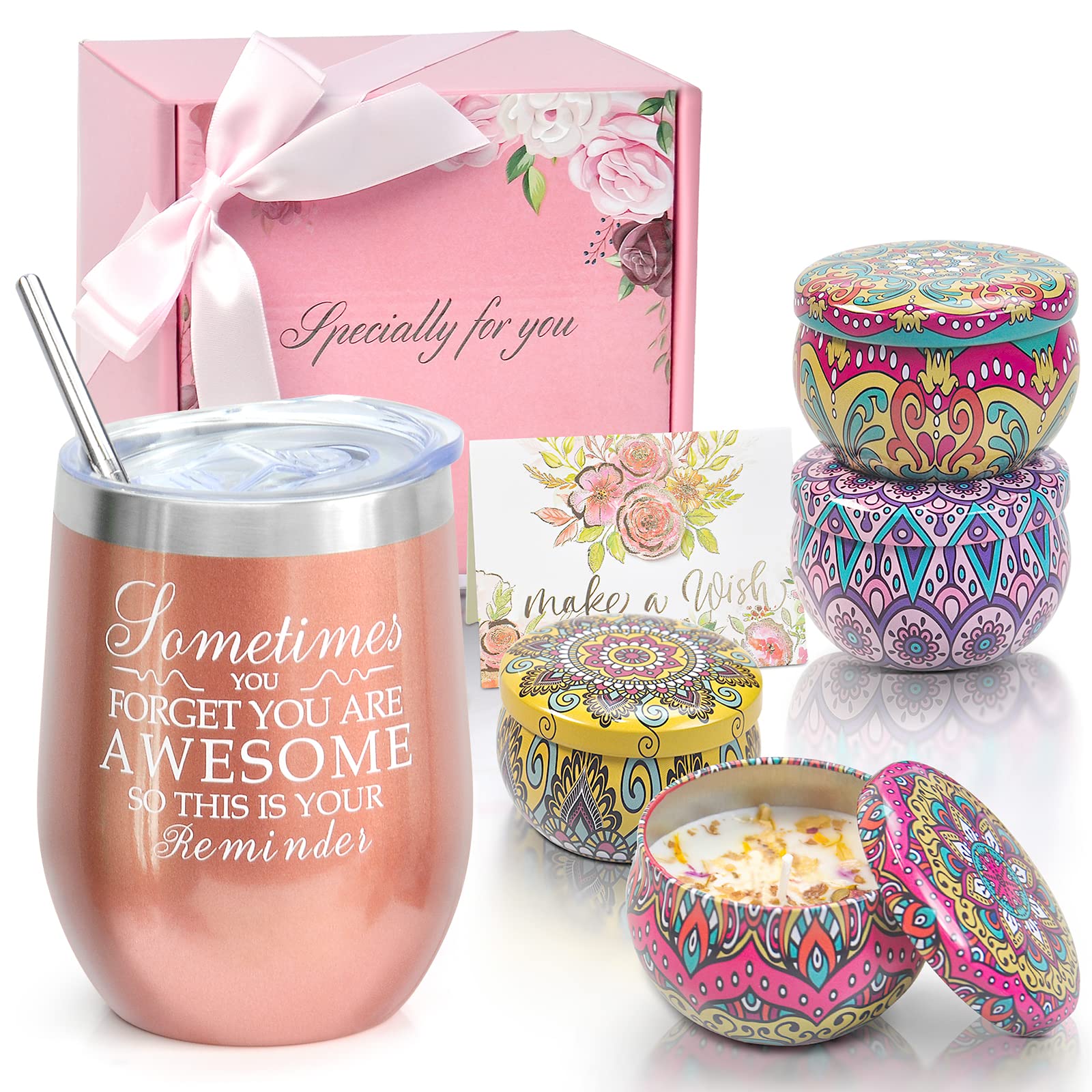 Birthday Gifts for Women Unique Gifts for Women Funny Gifts for Women Mom Best Friend Insulated Wine Tumbler and Candles 4 Pack Gift Set Box Basket