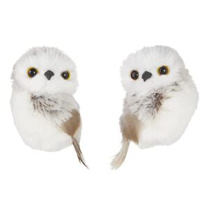 fluffy white & tan owl ornaments, set of 2