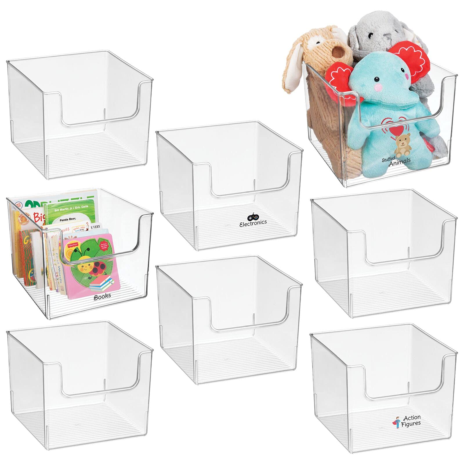 mDesign Deep Plastic Home Storage Organizer Bin - Container for Nursery, Kids Bedroom, Toy or Playroom - Open Front Design - 8 Bins + 24 Labels - Clear