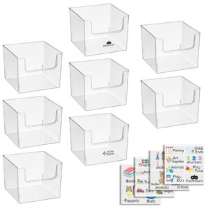 mDesign Deep Plastic Home Storage Organizer Bin - Container for Nursery, Kids Bedroom, Toy or Playroom - Open Front Design - 8 Bins + 24 Labels - Clear