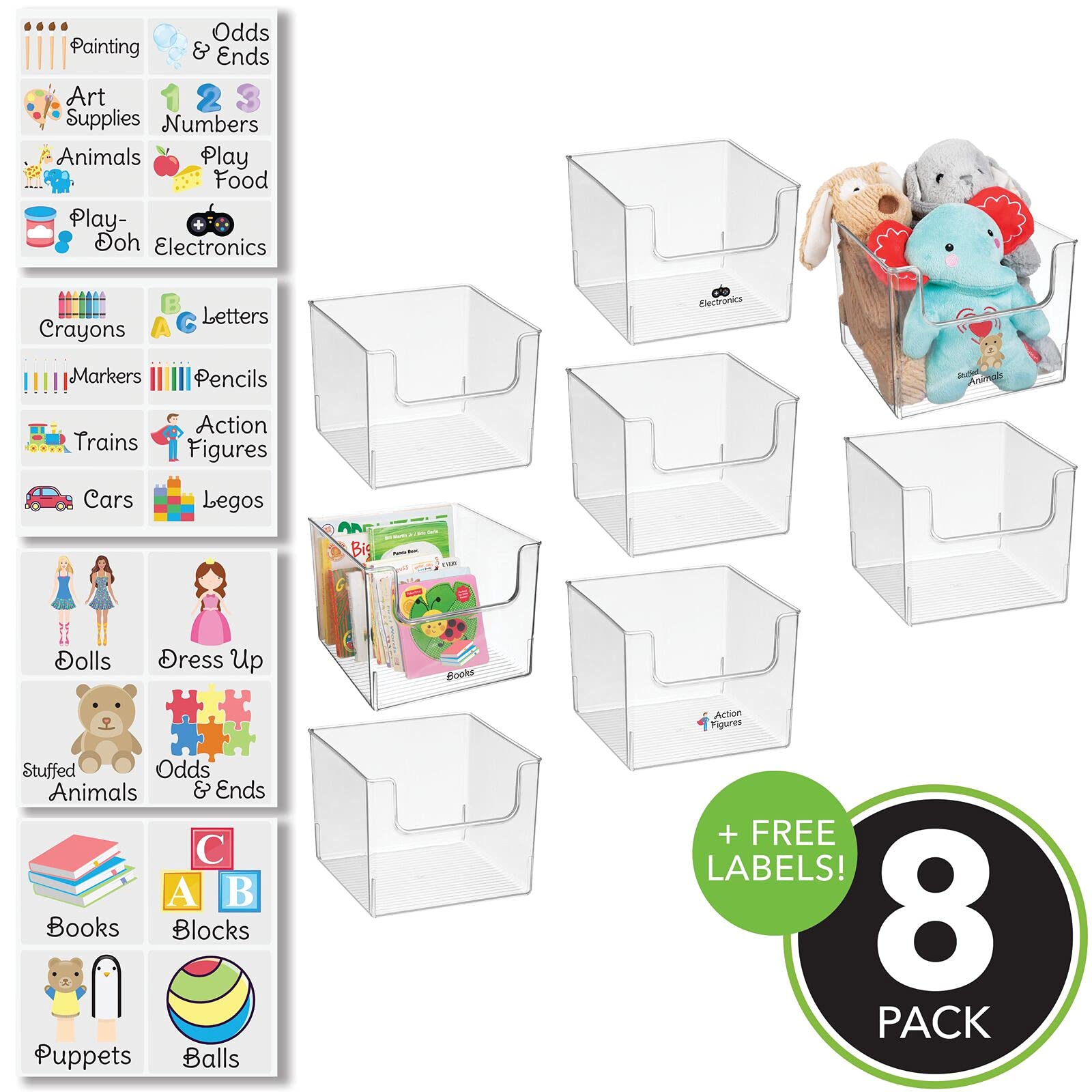 mDesign Deep Plastic Home Storage Organizer Bin - Container for Nursery, Kids Bedroom, Toy or Playroom - Open Front Design - 8 Bins + 24 Labels - Clear