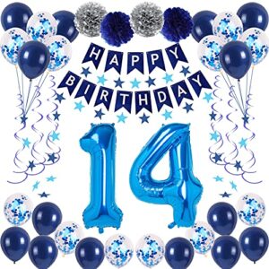 naninuneno 14th blue birthday party decorations for boy girl men women, happy 14 birthday balloons supplies with happy birthday banner,14 number balloons, blue star streamers, hanging swirls