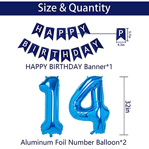 NANINUNENO 14th Blue Birthday Party Decorations for Boy Girl Men Women, Happy 14 Birthday Balloons Supplies with Happy Birthday Banner,14 Number Balloons, Blue Star Streamers, Hanging Swirls