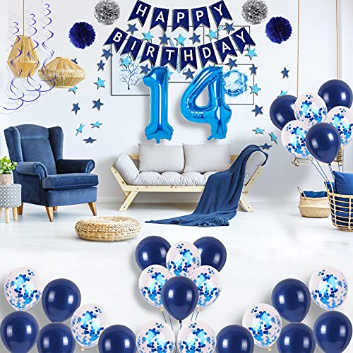 NANINUNENO 14th Blue Birthday Party Decorations for Boy Girl Men Women, Happy 14 Birthday Balloons Supplies with Happy Birthday Banner,14 Number Balloons, Blue Star Streamers, Hanging Swirls