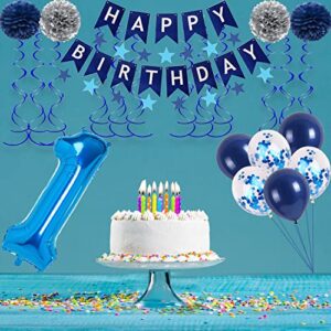 NANINUNENO 14th Blue Birthday Party Decorations for Boy Girl Men Women, Happy 14 Birthday Balloons Supplies with Happy Birthday Banner,14 Number Balloons, Blue Star Streamers, Hanging Swirls