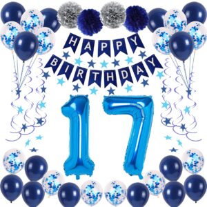 naninuneno 17th blue birthday party decorations for boy girl men women, happy 17 birthday balloons supplies with happy birthday banner,17 number balloons, blue star streamers, hanging swirls