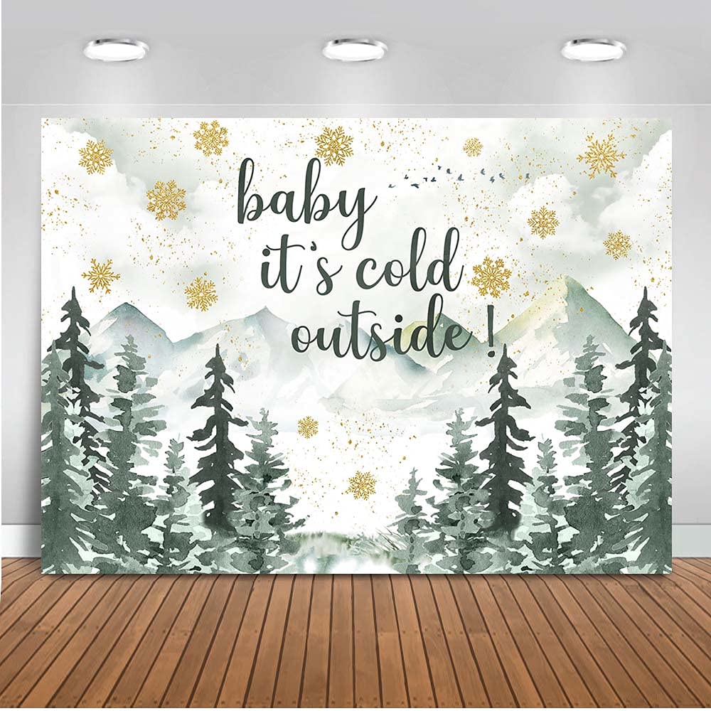 Mocsicka Winter Baby Shower Backdrop 7x5ft Baby It's Cold Outside Gender Neutral Photo Backdrops Green Mountain Gold Snowflakes Baby Shower Photography Background