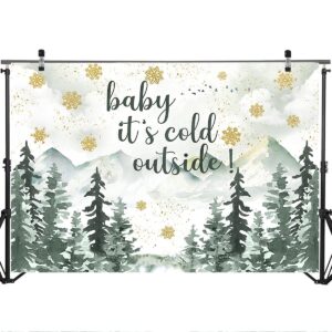 Mocsicka Winter Baby Shower Backdrop 7x5ft Baby It's Cold Outside Gender Neutral Photo Backdrops Green Mountain Gold Snowflakes Baby Shower Photography Background