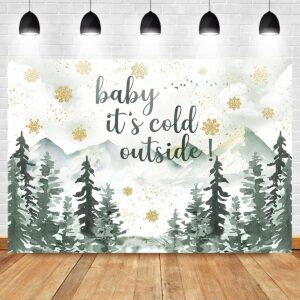 Mocsicka Winter Baby Shower Backdrop 7x5ft Baby It's Cold Outside Gender Neutral Photo Backdrops Green Mountain Gold Snowflakes Baby Shower Photography Background