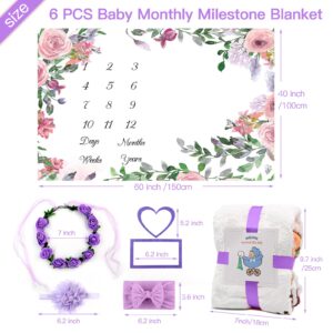 SPOKKI 6 PCS Baby Monthly Milestone Blanket Girl, 60''x40''Fleece Monthly Blanket Newborn with Headband for Photography Background Prop and Mom Nursery Shower Gift (Pink)