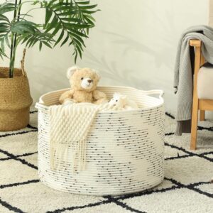 KAKAMAY Large Cotton Rope Blanket Basket (20"x13"),Woven Baby Laundry Hamper，Blanket Basket for Nursery, Laundry, Living Room, Pillows, Toys Dotted Pattern（White）