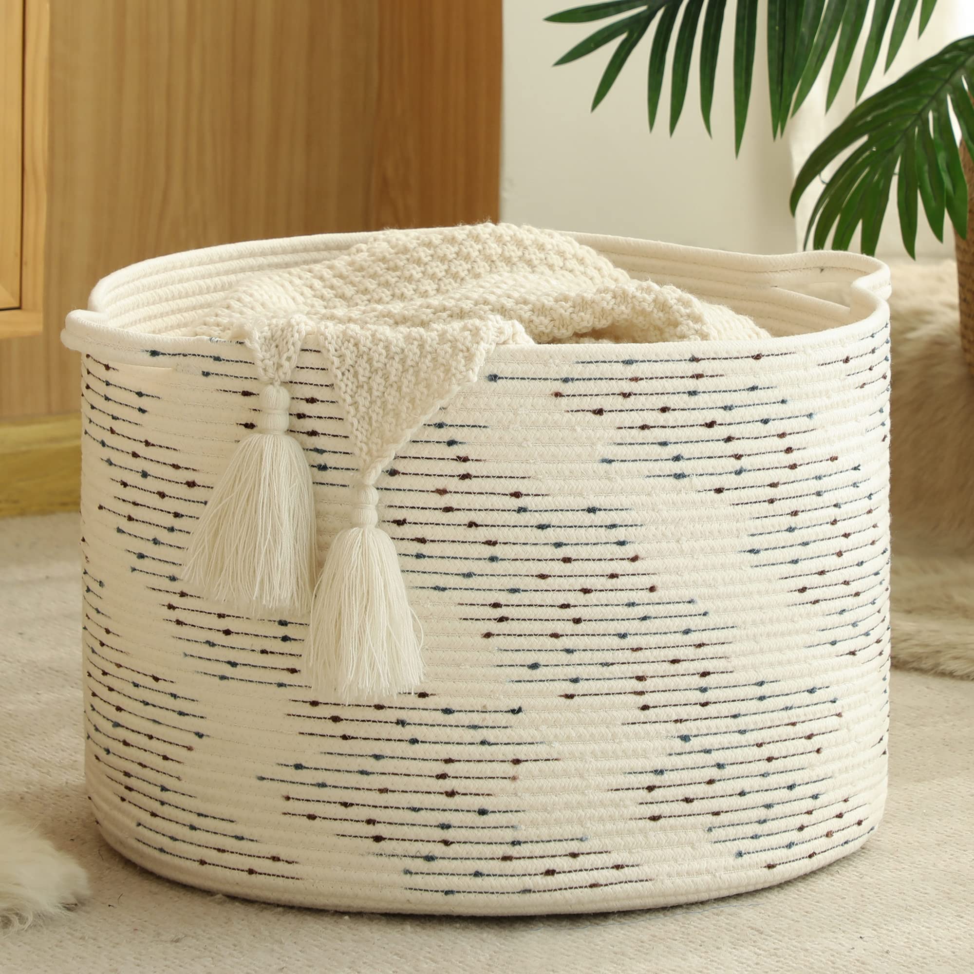 KAKAMAY Large Cotton Rope Blanket Basket (20"x13"),Woven Baby Laundry Hamper，Blanket Basket for Nursery, Laundry, Living Room, Pillows, Toys Dotted Pattern（White）