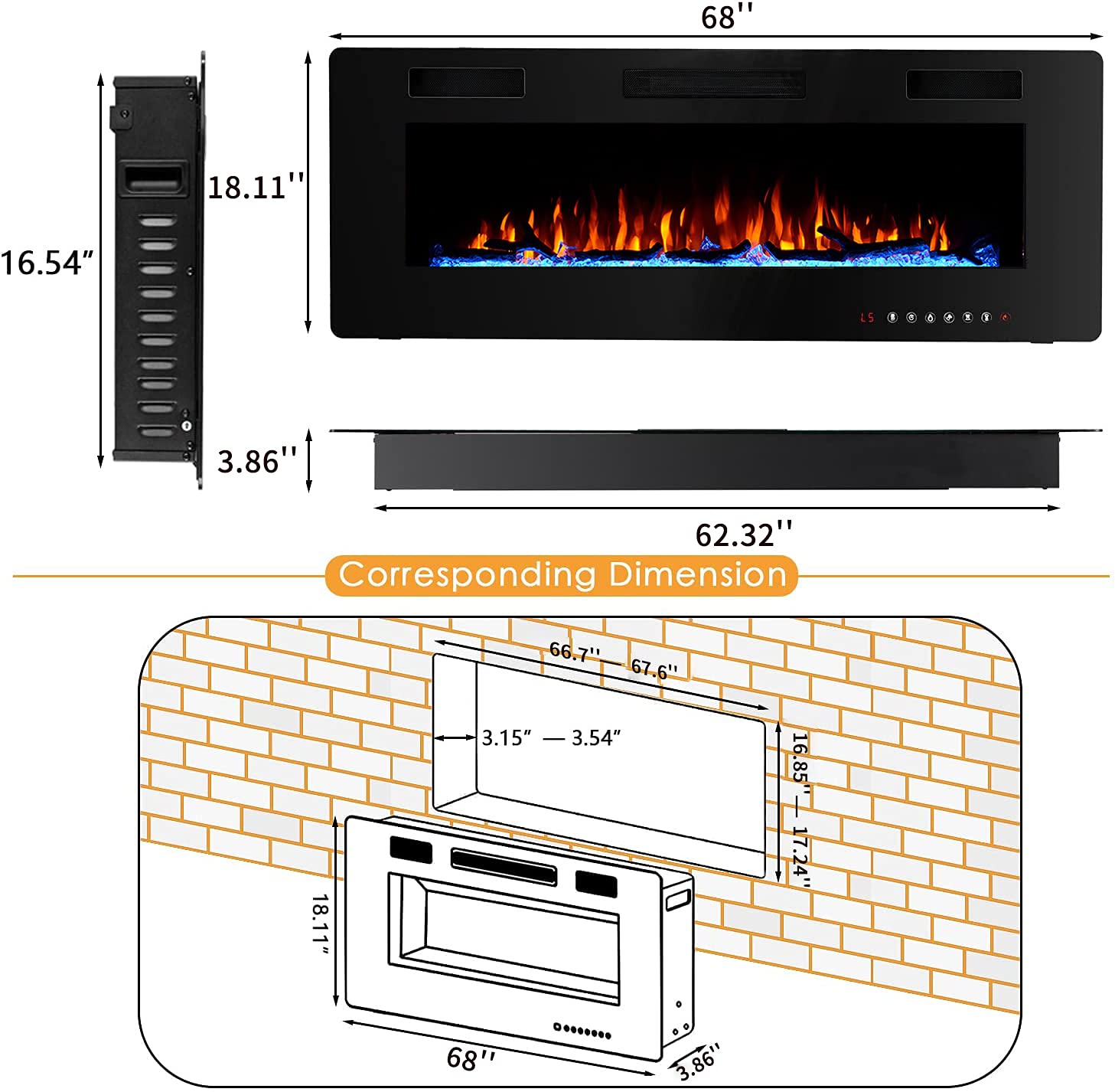 60 inch Electric Fireplace Wall Mounted Led Wall Fireplace Drifting Fireplace Recessed Electric Fireplace Inserts, Adjustable Flame Color Electric Fireplace