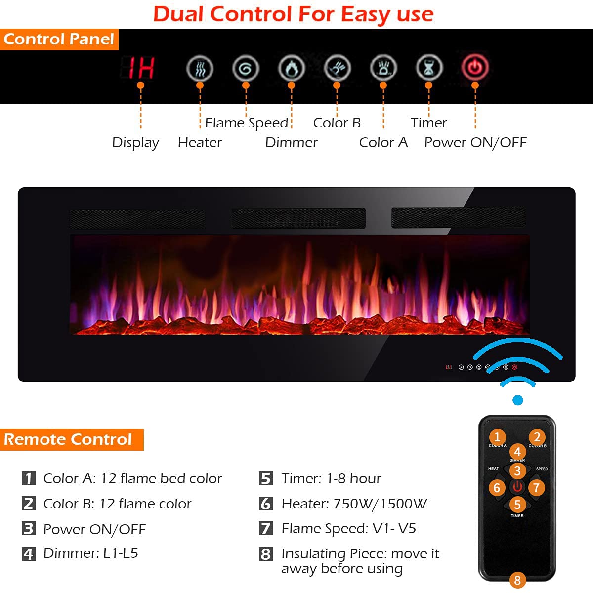 60 inch Electric Fireplace Wall Mounted Led Wall Fireplace Drifting Fireplace Recessed Electric Fireplace Inserts, Adjustable Flame Color Electric Fireplace