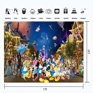 YouRan Disneyland Main Street Backdrop 7x5 Happy Birthday Pink Disneyland Castle All Character Background for Kids Vinyl Classic Disneyland Poster for Bedroom Decor