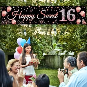 16th Birthday Decorations Sweet 16 Banner Party Supplies, Rose Gold Happy Sweet Sixteen Birthday Party Decor for Girl, 16 Year Old Birthday Yard Sign for Indoor Outdoor