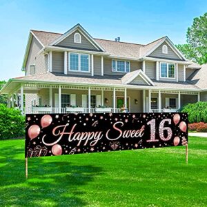 16th birthday decorations sweet 16 banner party supplies, rose gold happy sweet sixteen birthday party decor for girl, 16 year old birthday yard sign for indoor outdoor