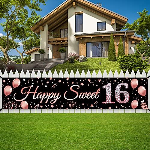 16th Birthday Decorations Sweet 16 Banner Party Supplies, Rose Gold Happy Sweet Sixteen Birthday Party Decor for Girl, 16 Year Old Birthday Yard Sign for Indoor Outdoor