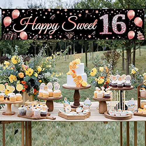 16th Birthday Decorations Sweet 16 Banner Party Supplies, Rose Gold Happy Sweet Sixteen Birthday Party Decor for Girl, 16 Year Old Birthday Yard Sign for Indoor Outdoor