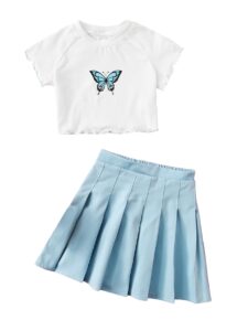 soly hux girl's butterfly print short sleeve tee top and pleated skirt set 2 piece outfits white blue 11-12y