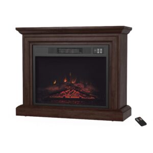 mobile electric fireplace with mantel-portable heater on wheels, remote control, led flames & faux logs, adjustable heat & light by northwest (brown)