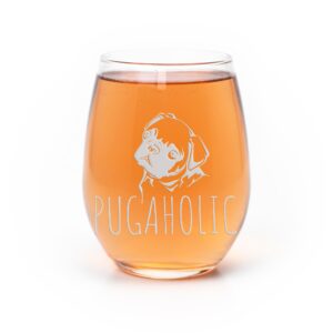 pugaholic pug stemless wine glass - pug wine glass, pug mom, pugaholic, pug gift, pug lover, pug cup, fun wine glass, pet wine glass