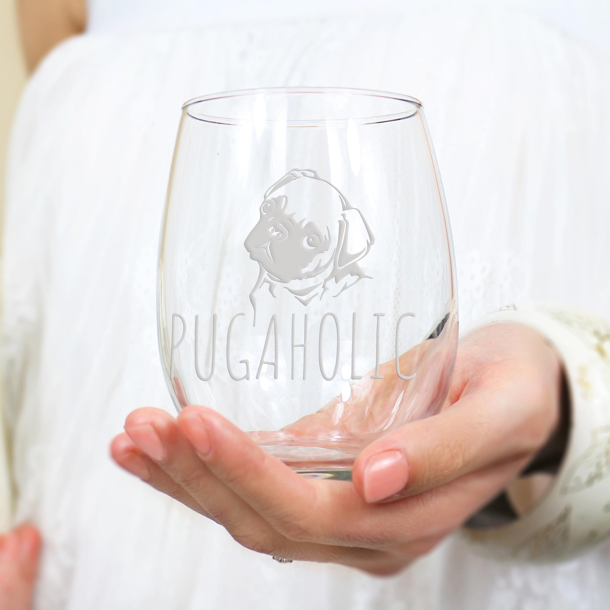 Pugaholic Pug Stemless Wine Glass - Pug Wine Glass, Pug Mom, Pugaholic, Pug Gift, Pug Lover, Pug Cup, Fun Wine Glass, Pet Wine Glass