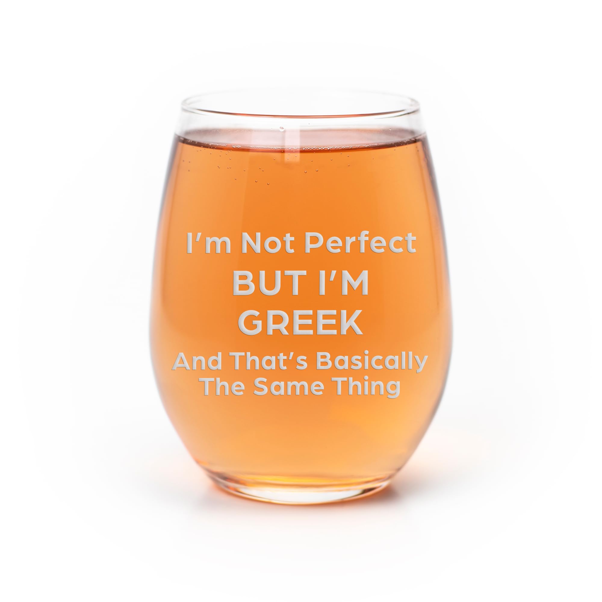 Im Not Perfect But Im Greek Stemless Wine Glass - Etched Wine Glass, Birthday Present, Greek Gift, Greek Flag, Greek Wine Glass