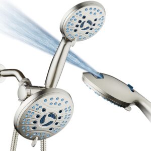 aquacare as-seen-on-tv high pressure 50-mode rain & handheld 3-way shower head combo - anti-clog nozzles/tub, tile & pet power wash/extra long 6 ft. stainless steel hose/nickel finish