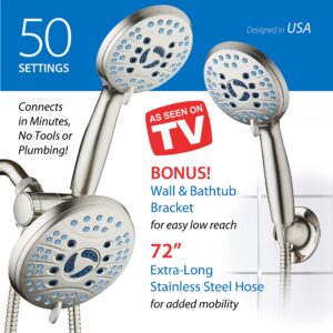 AquaCare AS-SEEN-ON-TV High Pressure 50-mode Rain & Handheld 3-way Shower Head Combo - Anti-clog Nozzles/Tub, Tile & Pet Power Wash/Extra Long 6 ft. Stainless Steel Hose/Nickel Finish