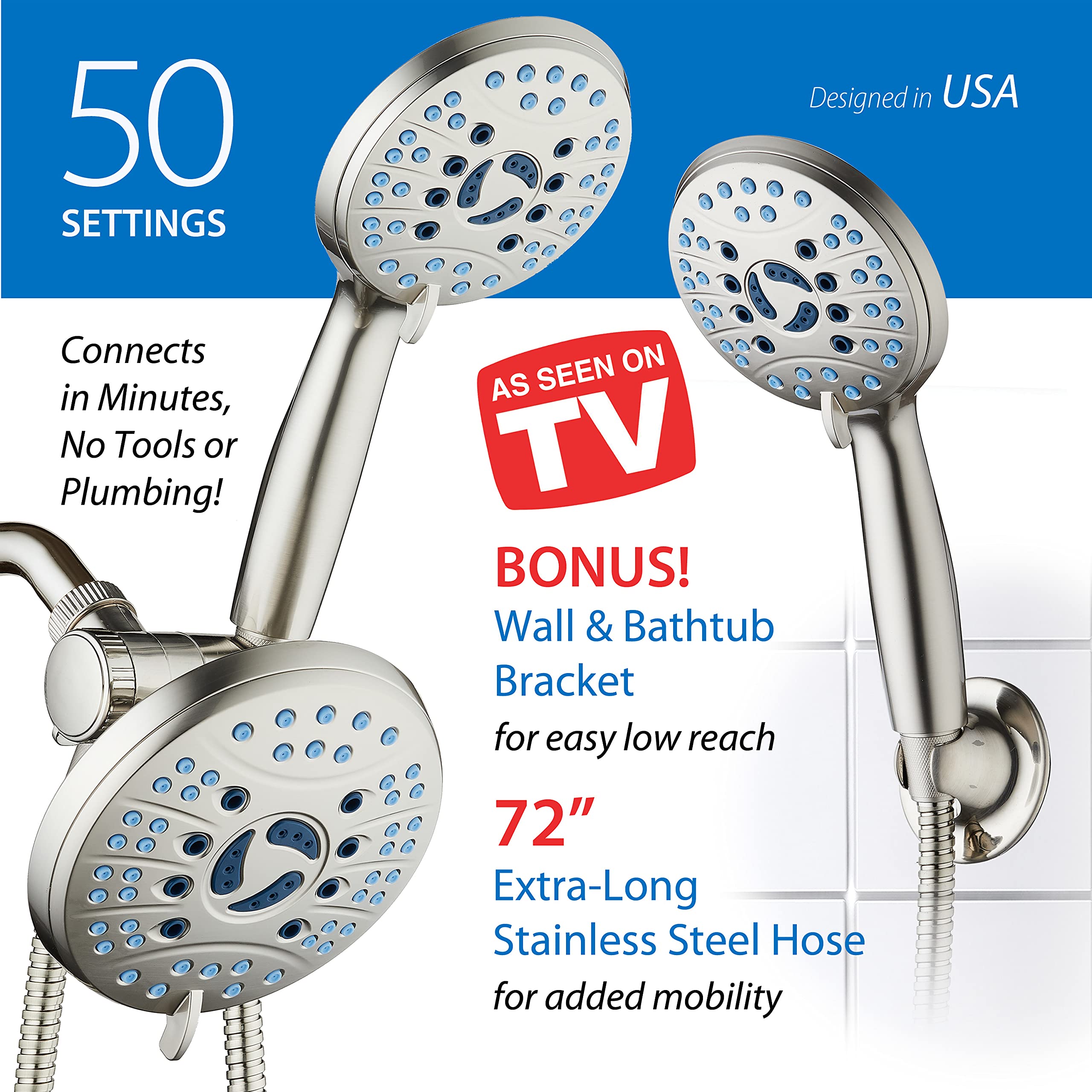 AquaCare AS-SEEN-ON-TV High Pressure 50-mode Rain & Handheld 3-way Shower Head Combo - Anti-clog Nozzles/Tub, Tile & Pet Power Wash/Extra Long 6 ft. Stainless Steel Hose/Nickel Finish