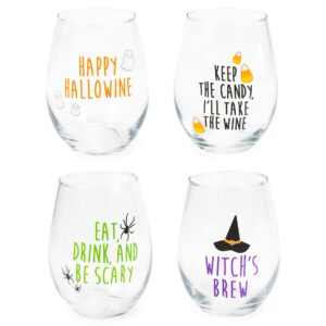 transpac witch's brew happy hallowine 18 ounce glass stemless wine glasses set of 4, multicolor