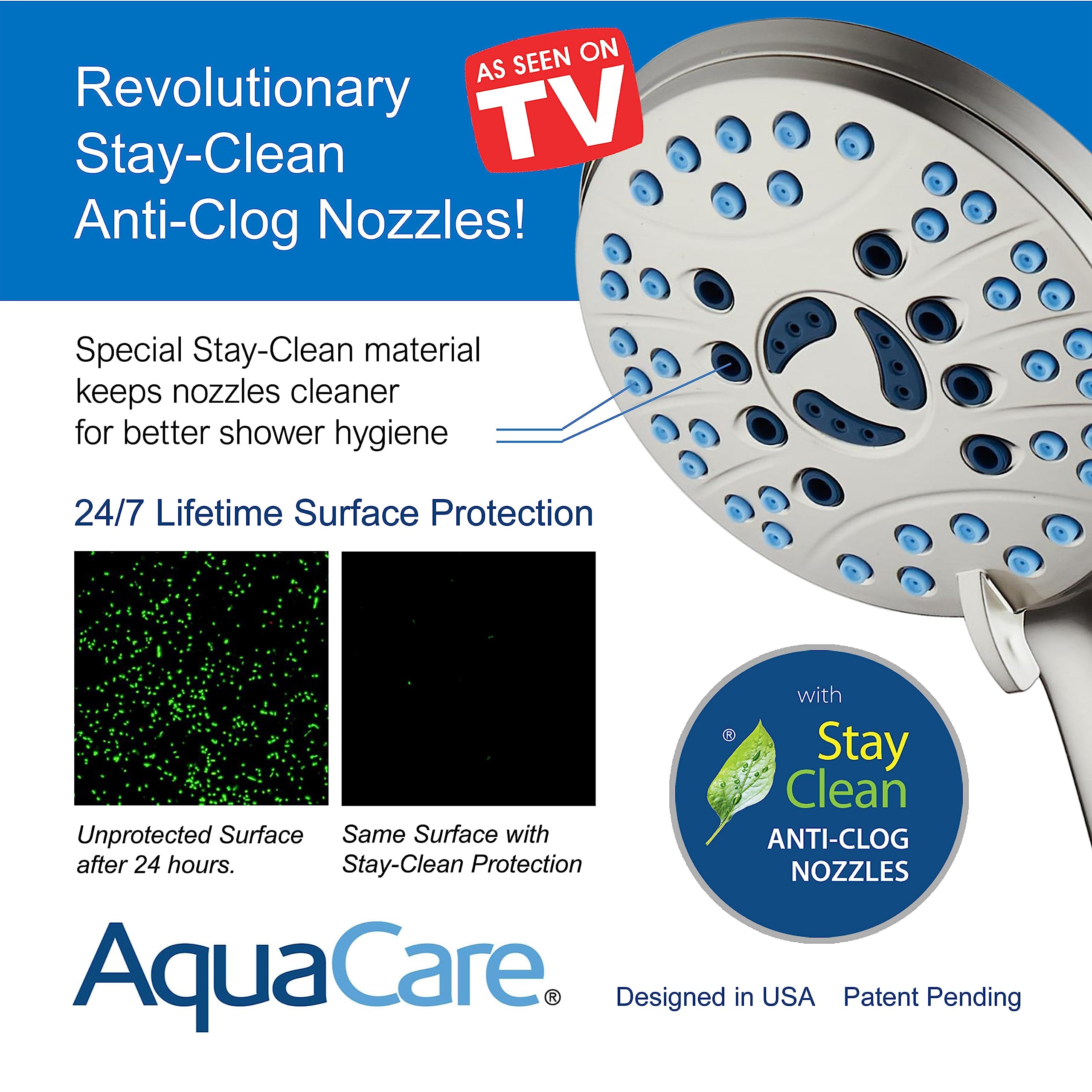 AquaCare AS-SEEN-ON-TV High Pressure 50-mode Rain & Handheld 3-way Shower Head Combo - Anti-clog Nozzles/Tub, Tile & Pet Power Wash/Extra Long 6 ft. Stainless Steel Hose/Nickel Finish