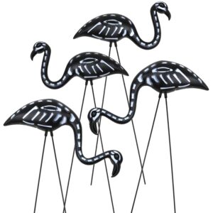 giftexpress 4-pack small halloween flamingo, black flamingo skeleton, zombie flamingos, skull flamingo with stakes for halloween lawn ornaments, spooky graveyard decorations