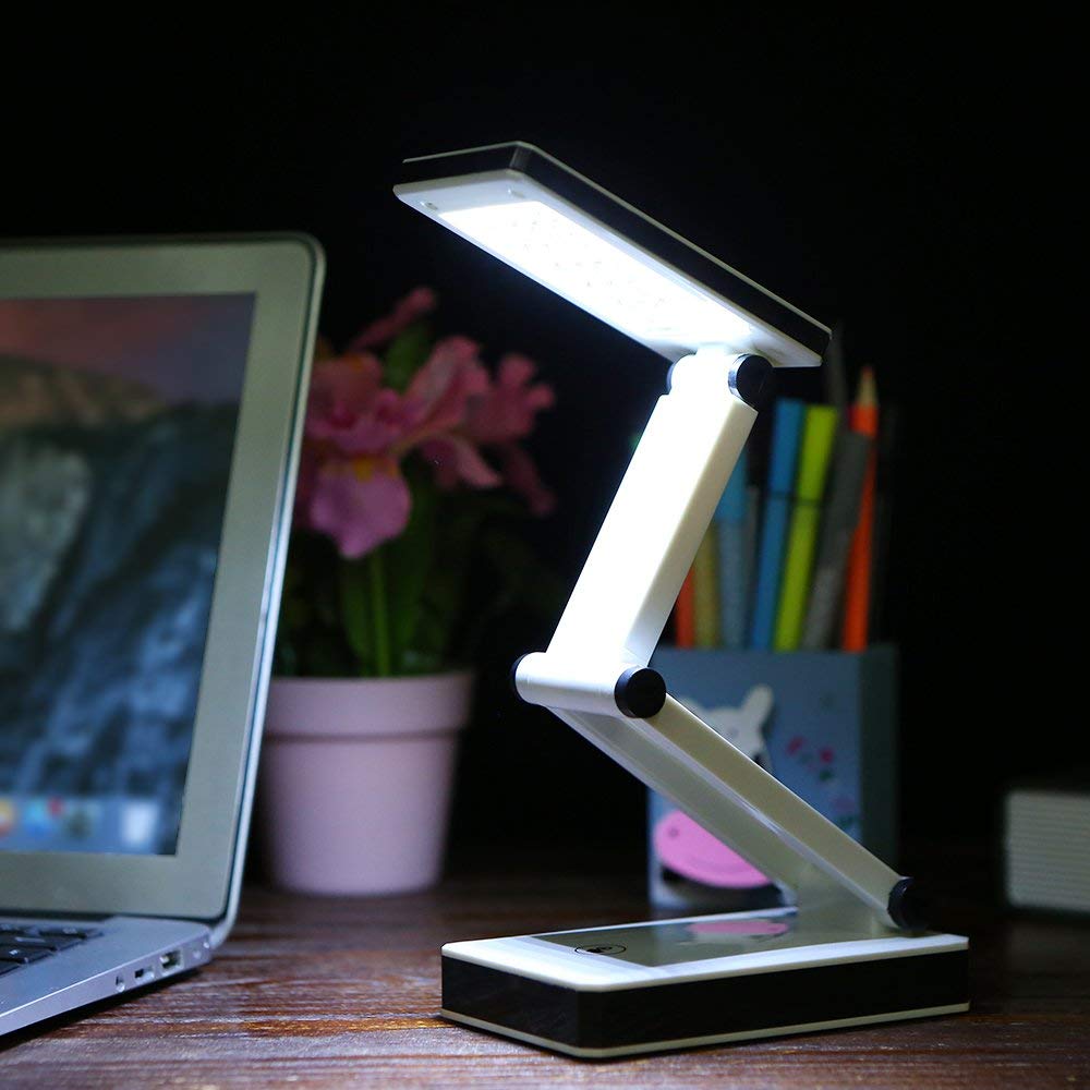 LED Table Lamp Portable Folding 24 Desk Light, Port 4 * AA Batteries Powered Operated with Sensitive Touch Control 3 Levels Adjustable Brightness Dimmable USB Charging for Students Reading Working