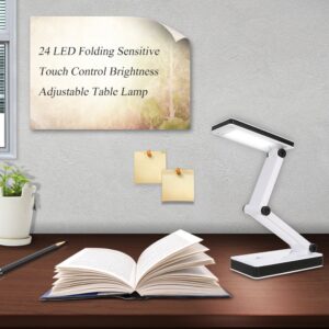 LED Table Lamp Portable Folding 24 Desk Light, Port 4 * AA Batteries Powered Operated with Sensitive Touch Control 3 Levels Adjustable Brightness Dimmable USB Charging for Students Reading Working