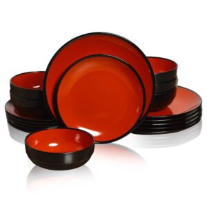 tp dinnerware sets service for 6, melamine dinner plates and bowls set, 18-piece dishes set (red & black)
