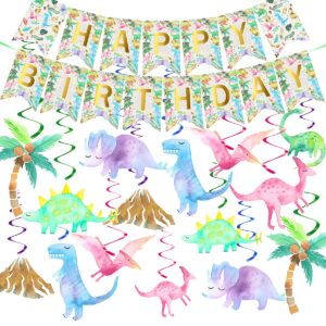 girls dinosaur birthday party decorations, pink dinosaur party supplies, girls dino party banner and hanging swirls