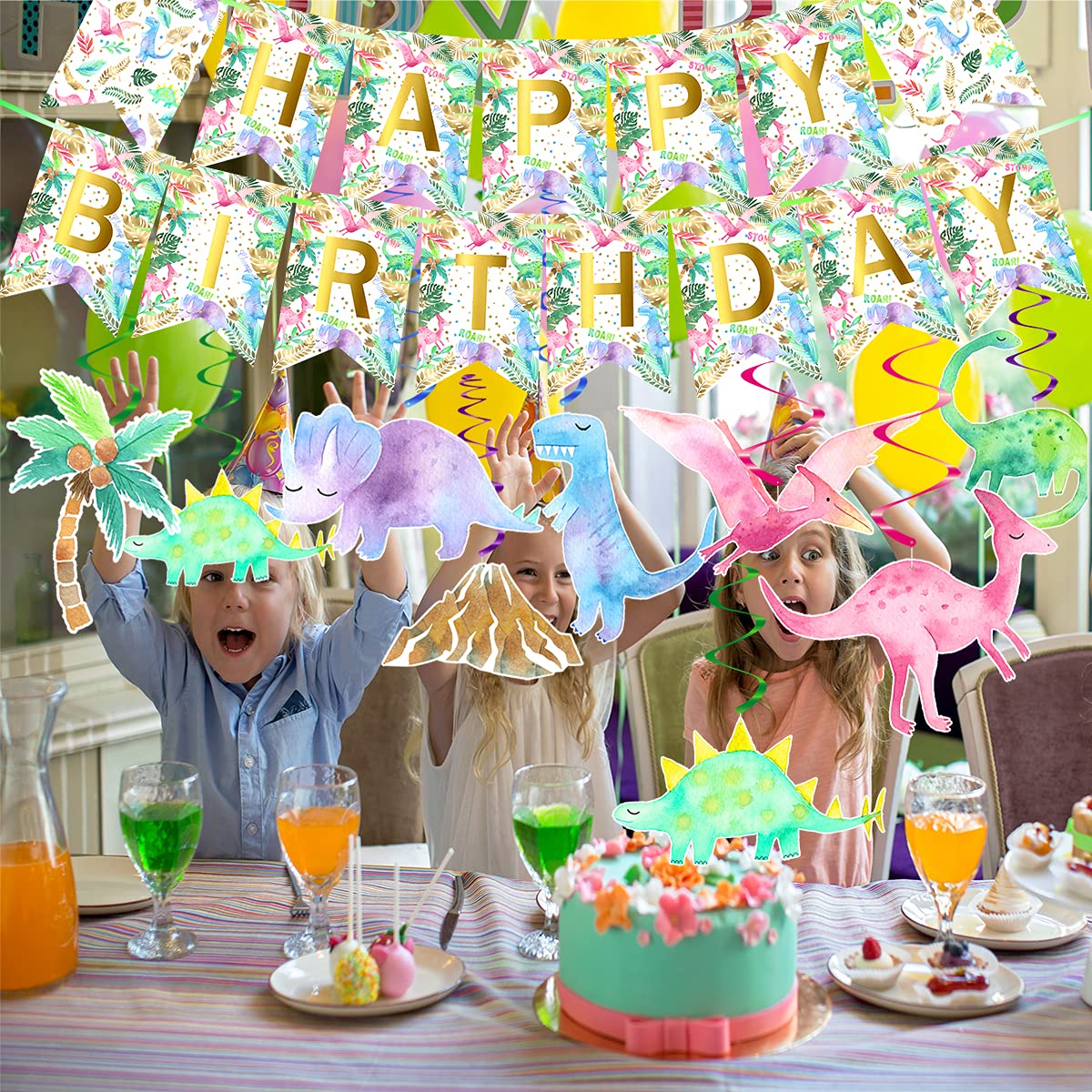 Girls Dinosaur Birthday Party Decorations, Pink Dinosaur Party Supplies, Girls Dino Party Banner and Hanging Swirls