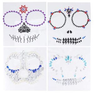 lurrose day of the dead skull face gems jewels tattoos, 4pcs rhinestone halloween jewels tattoo stickers for halloween festival rave party