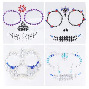 Lurrose Day of the Dead Skull Face Gems Jewels Tattoos, 4Pcs Rhinestone Halloween Jewels Tattoo Stickers for Halloween Festival Rave Party