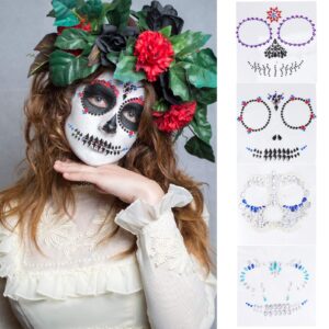 Lurrose Day of the Dead Skull Face Gems Jewels Tattoos, 4Pcs Rhinestone Halloween Jewels Tattoo Stickers for Halloween Festival Rave Party