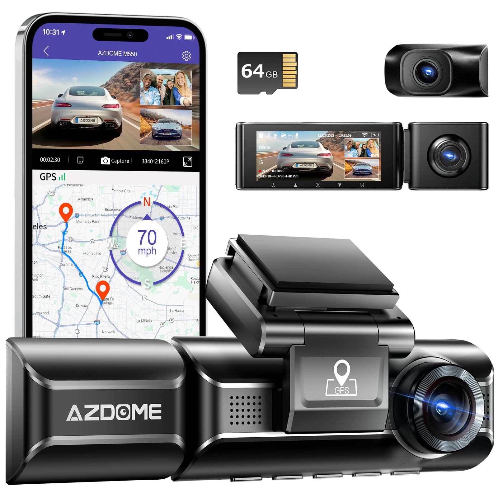 AZDOME M550 3 Channel Dash Cam with 3-Lead Mini USB Hardwire Kit (JYX02)