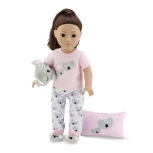 emily rose 18 inch doll clothes & accessories pj pajamas outfit | koala 18" doll pajama gift set with doll slippers, pet koala toy and doll pillow accessory!