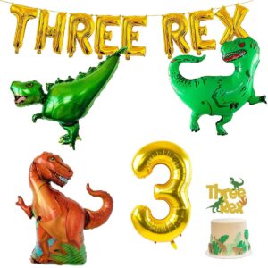 three dino rex birthday party decorations, three inspired rex letter balloon t-rex dinosaur 3 cake topper for 3 year old birthday party decorations,boys dinosaur birthday party supplies