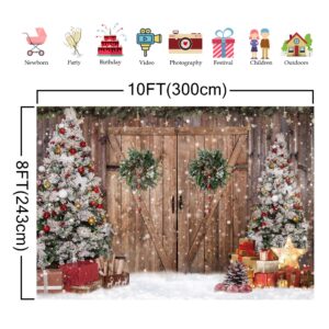 Felortte 10x8FT Polyester Fabric Winter Christmas Rustic Barn Wood Door Photography Backdrop Xmas Tree Snow Gifts Decor Background Banner for Family Holiday Party Supplies Photo Studio Props Pictures