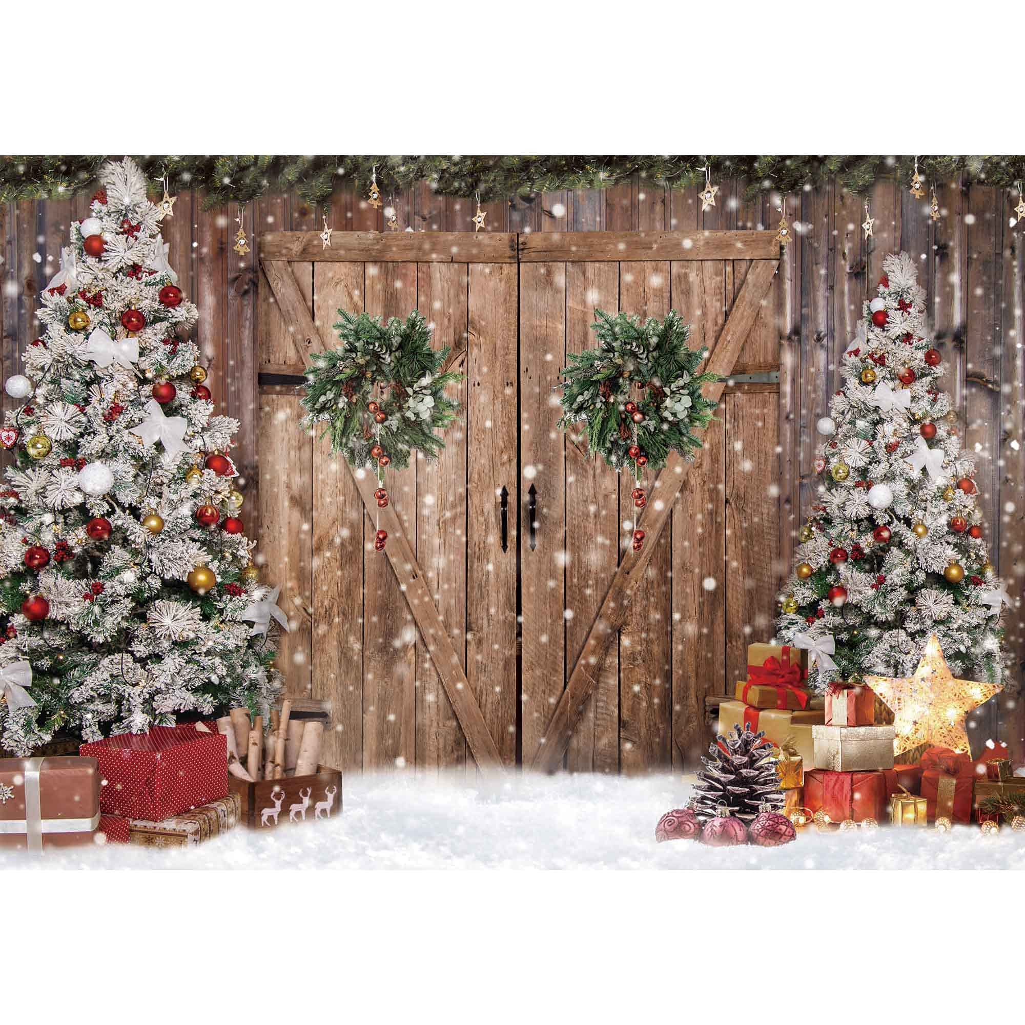 Felortte 8x6FT Polyester Fabric Winter Christmas Rustic Barn Wood Door Photography Backdrop Xmas Tree Snow Gifts Decor Background Banner for Family Holiday Party Supplies Photo Studio Props Pictures