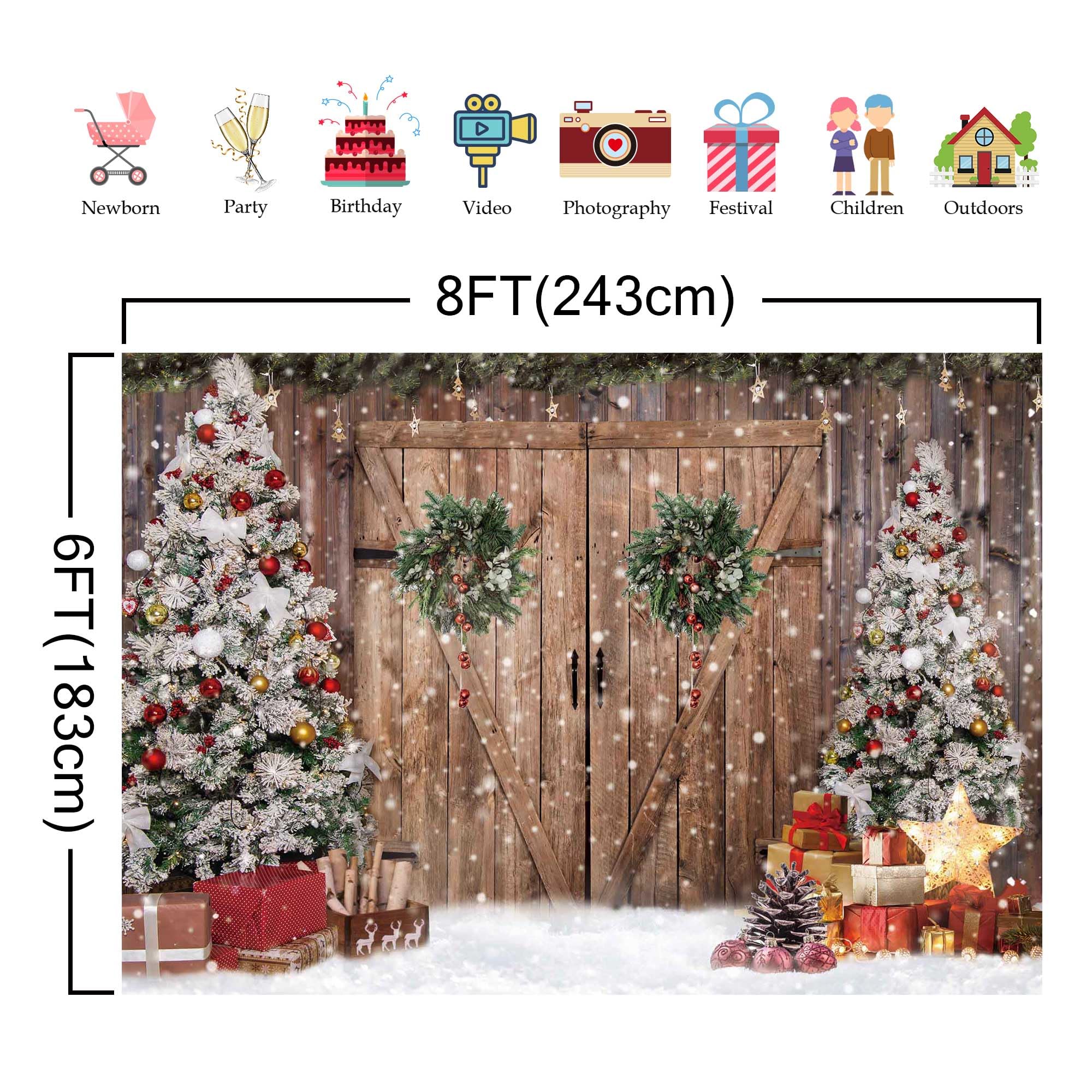 Felortte 8x6FT Polyester Fabric Winter Christmas Rustic Barn Wood Door Photography Backdrop Xmas Tree Snow Gifts Decor Background Banner for Family Holiday Party Supplies Photo Studio Props Pictures