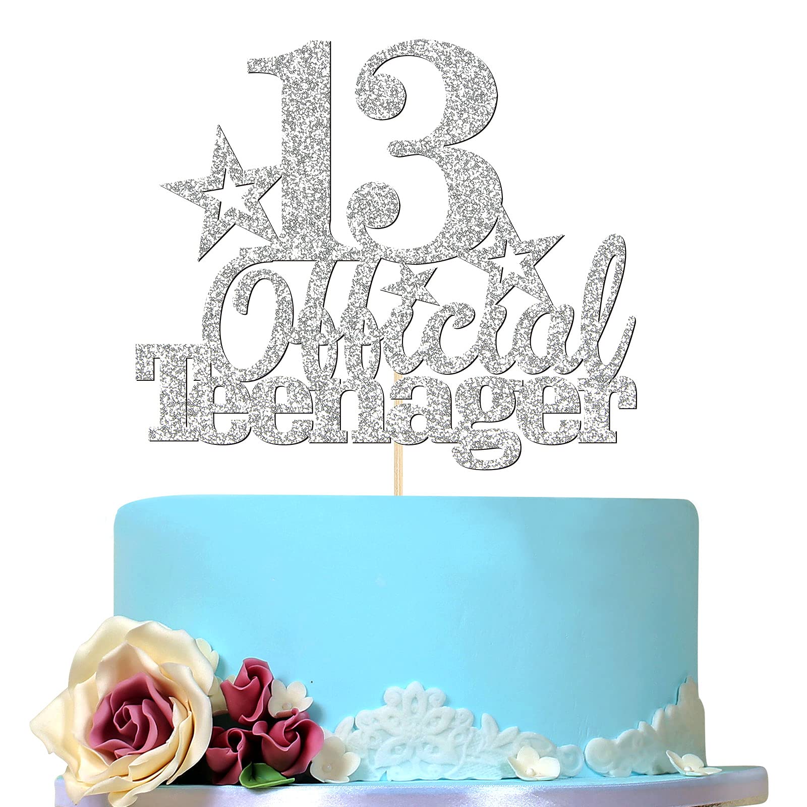 Glitter Silver 13 Official Teenager Birthday Cake Topper for Boy or Girl, Happy 13th Birthday Party Decoration, Hello 13 Cake Topper, Cheers to 13 Years, 13th Birthday Anniversary Party Supplies